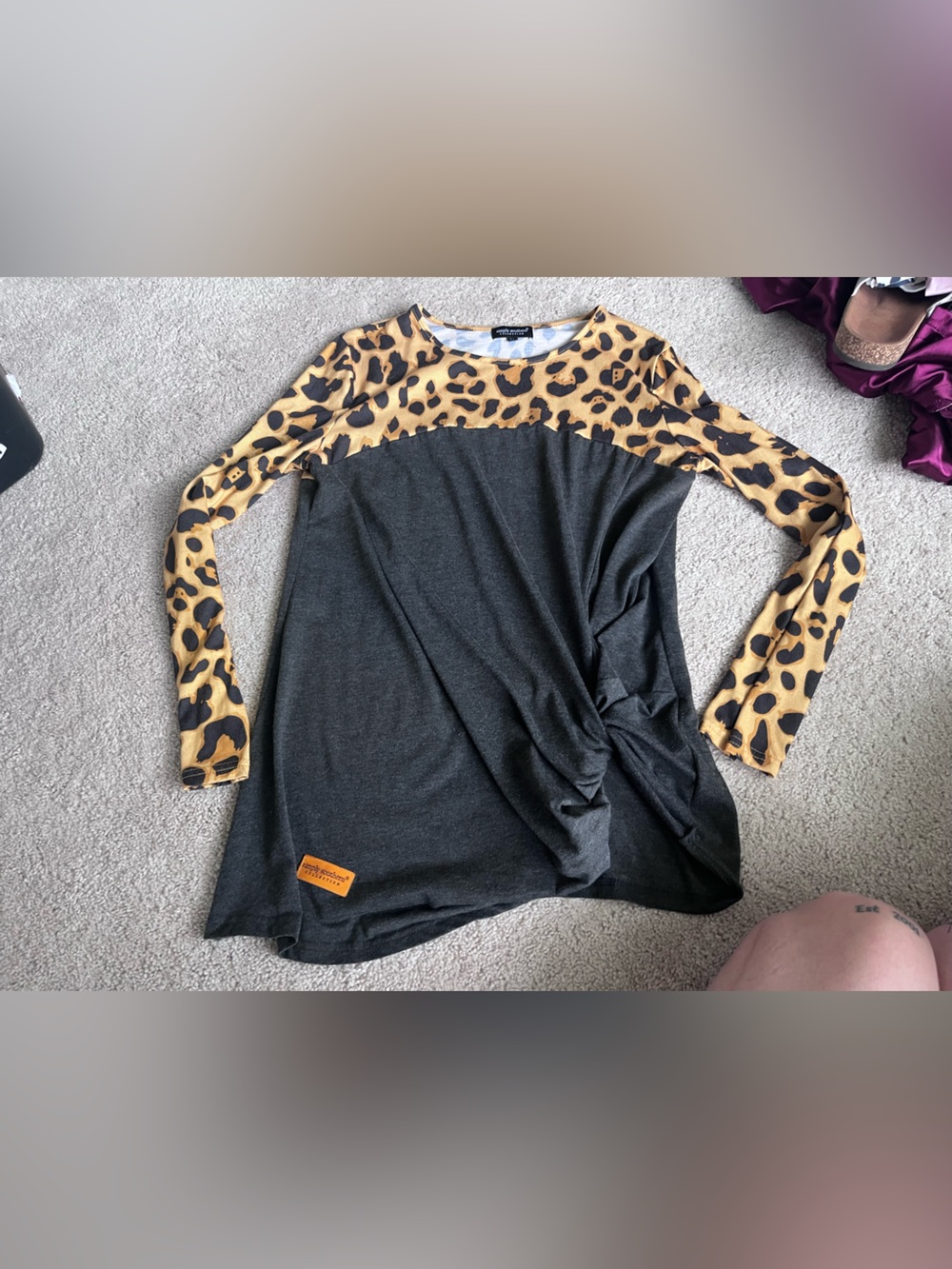 Simply Southern Leopard Contrast Long Sleeve Tunic Top - Charcoal and Tan
